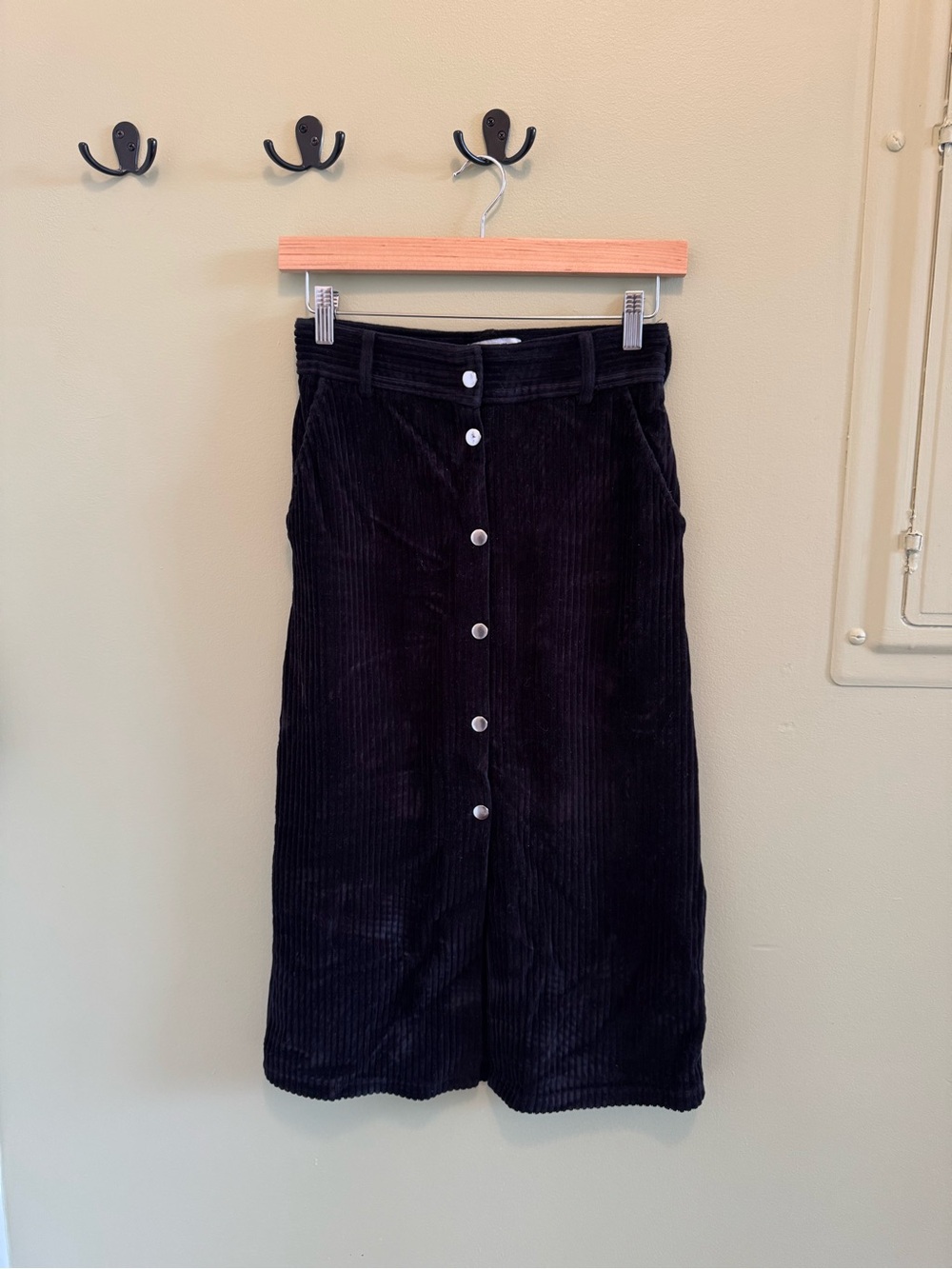 & Other Stories Black Corduroy Button-Front Midi Skirt